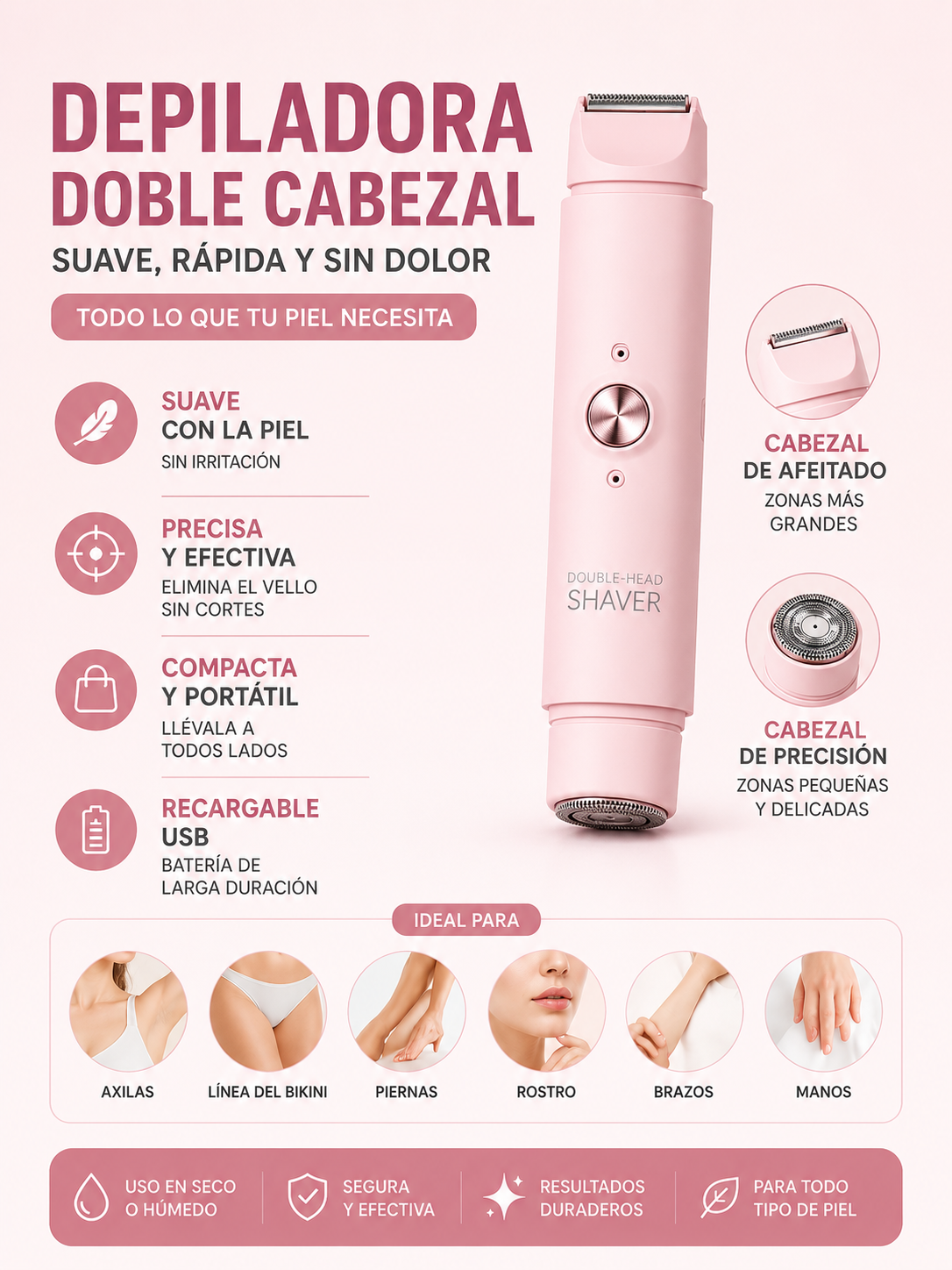Kit de depilación eléctrica 2 en 1, recortadora recargable USB , para línea del bikini