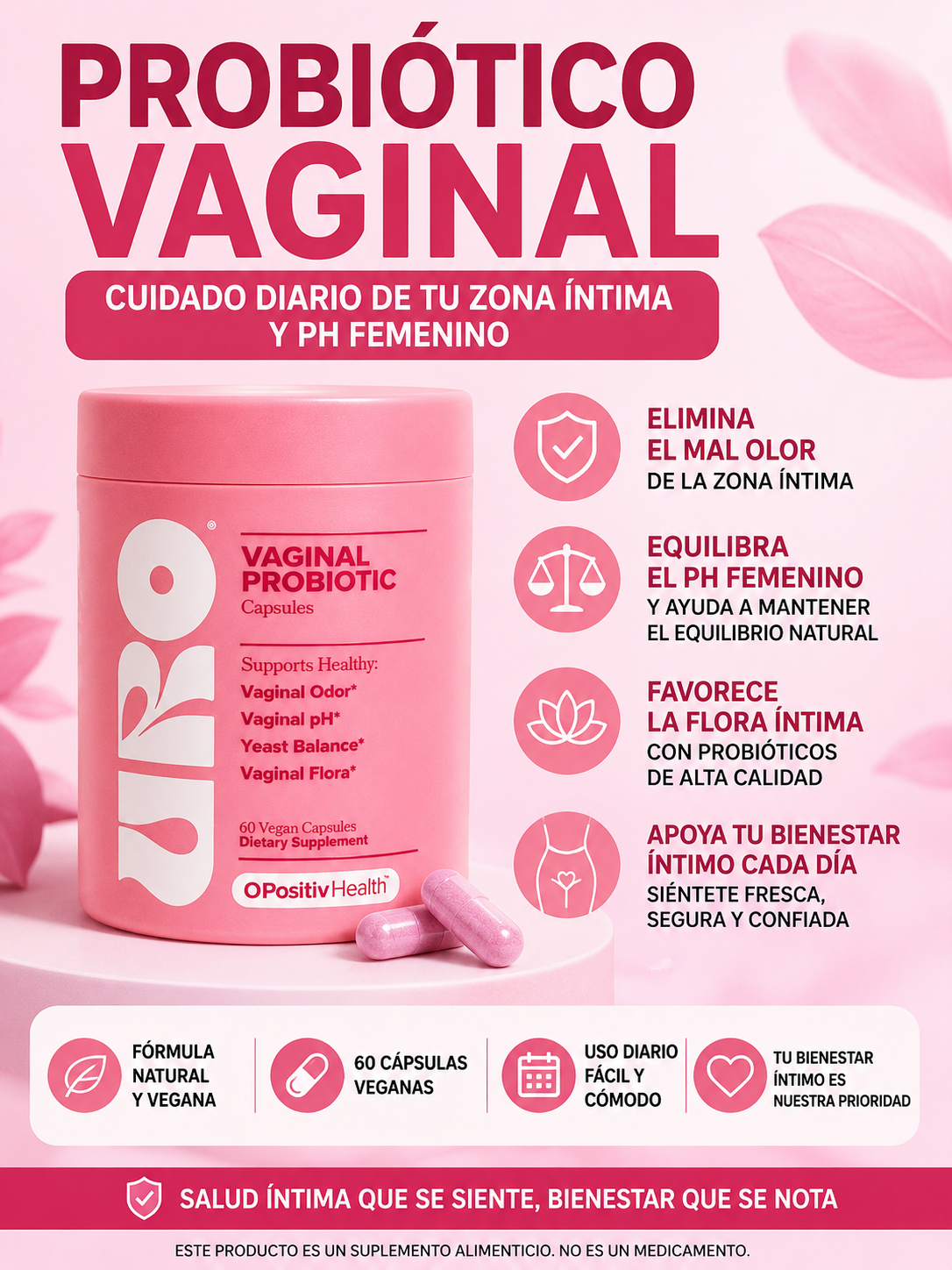 Probióticos vaginales , equilibrio de pH, suplemento de salud vaginal,  60 Capsulas