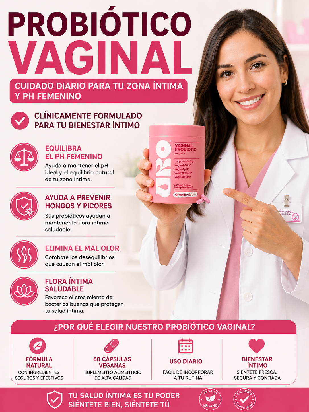 Probióticos vaginales , equilibrio de pH, suplemento de salud vaginal,  60 Capsulas