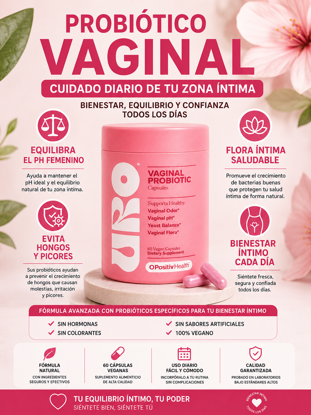 Probióticos vaginales , equilibrio de pH, suplemento de salud vaginal,  60 Capsulas